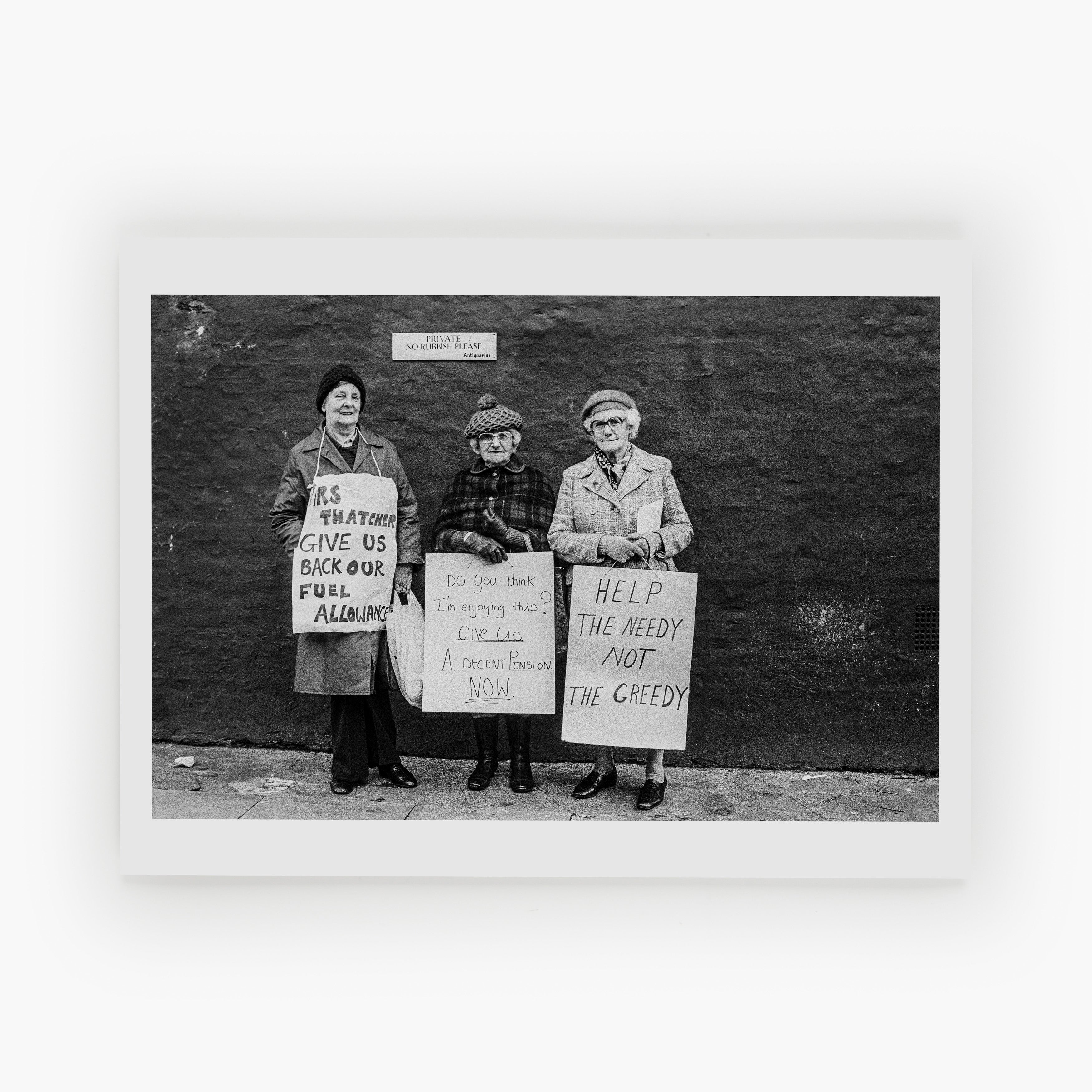 Pensioners protesting outside Margaret Thatcher's home, London, 1980