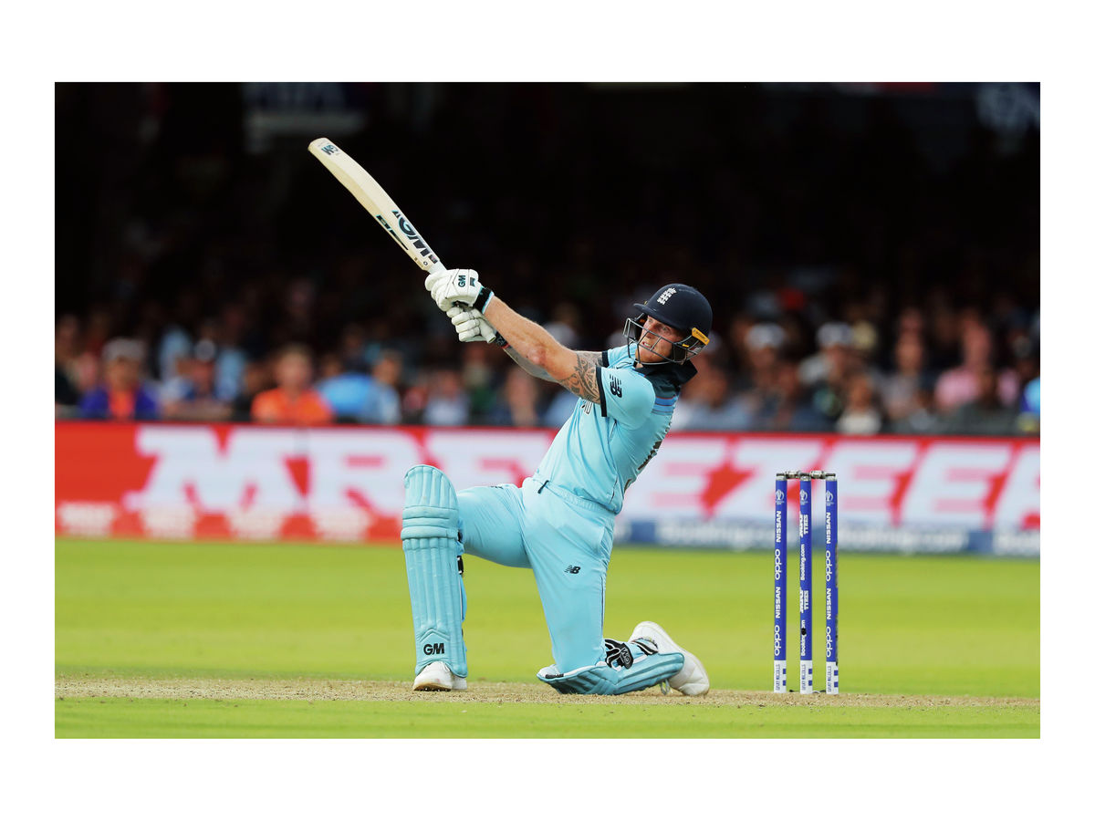 Ben Stokes hits it over mid wicket for six