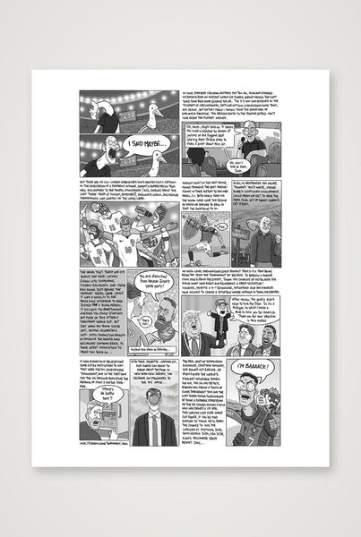Spain winning the World Cup final in the shadow of Trump — 18×24cm, 7×9" Print only