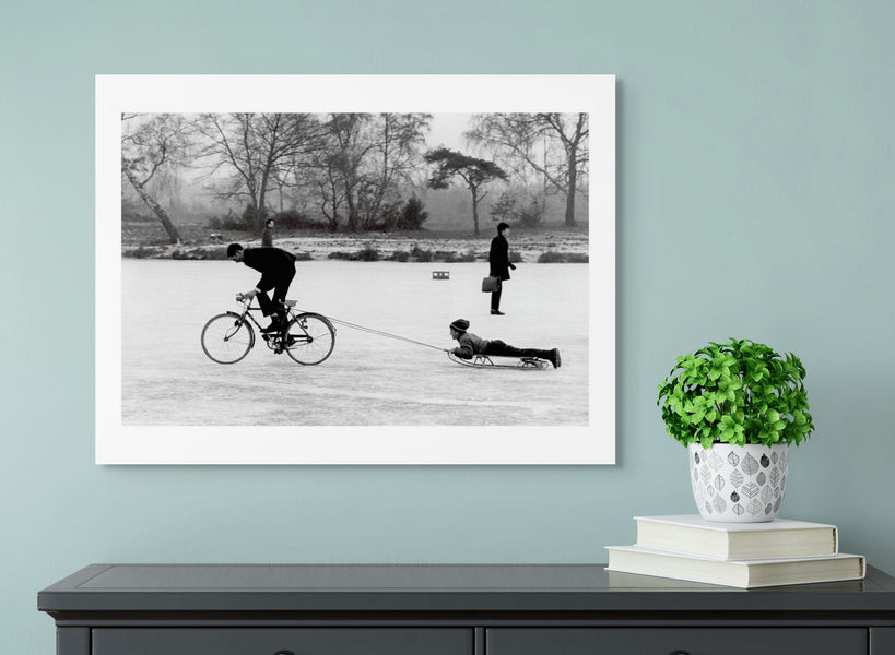 Playing on a frozen pond, Wimbledon Common, 1970
