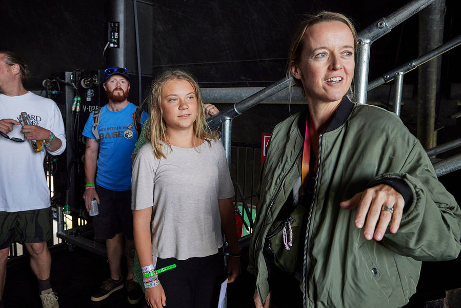Greta Thunberg with Emily Eavis before an appearance on the Pyramid stage