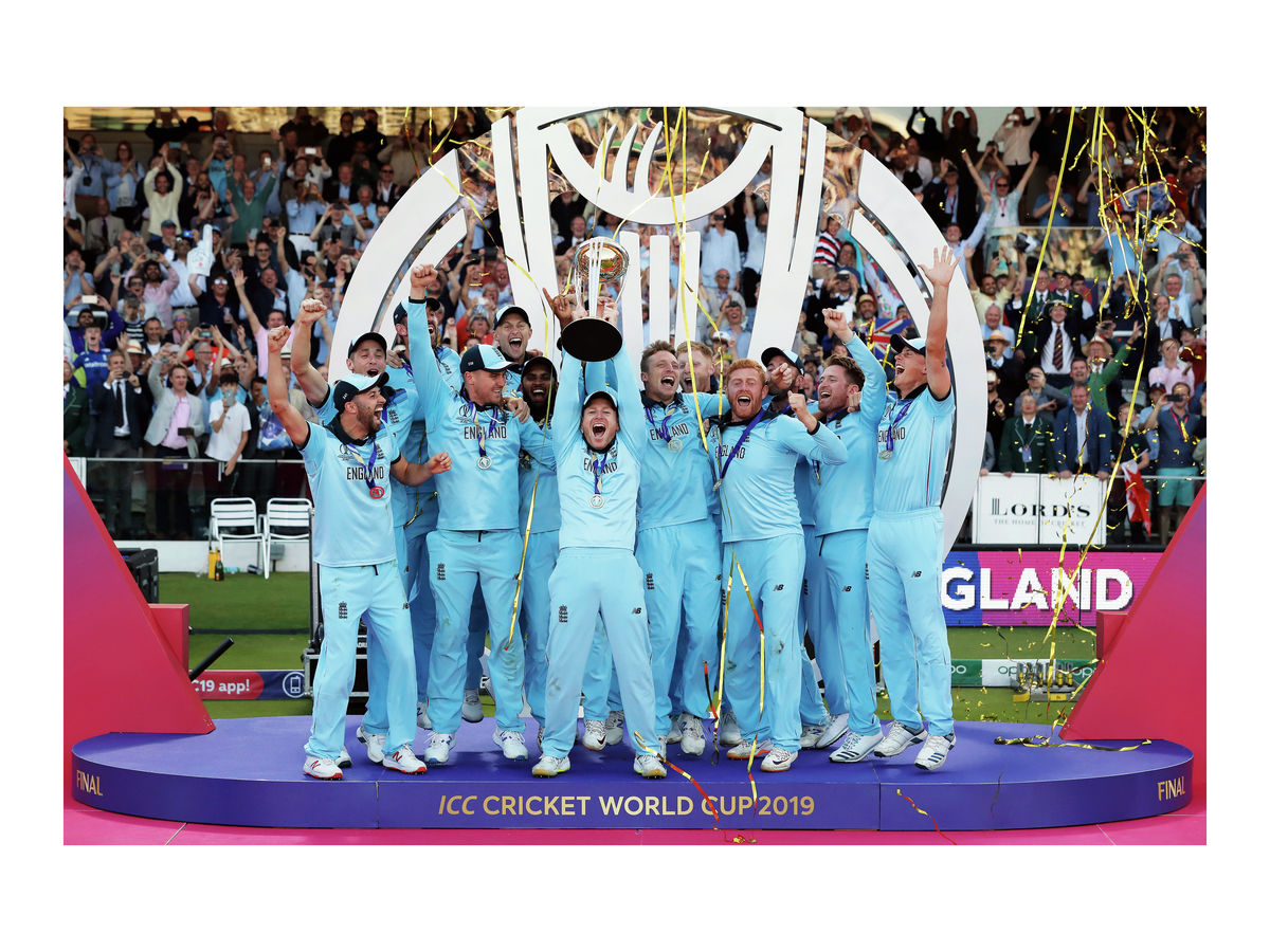 Captain Eoin Morgan lifts the World Cup trophy for England
