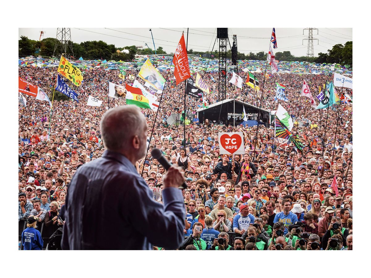 Jeremy Corbyn addresses the crowd on the Pyramid Stage, 2017