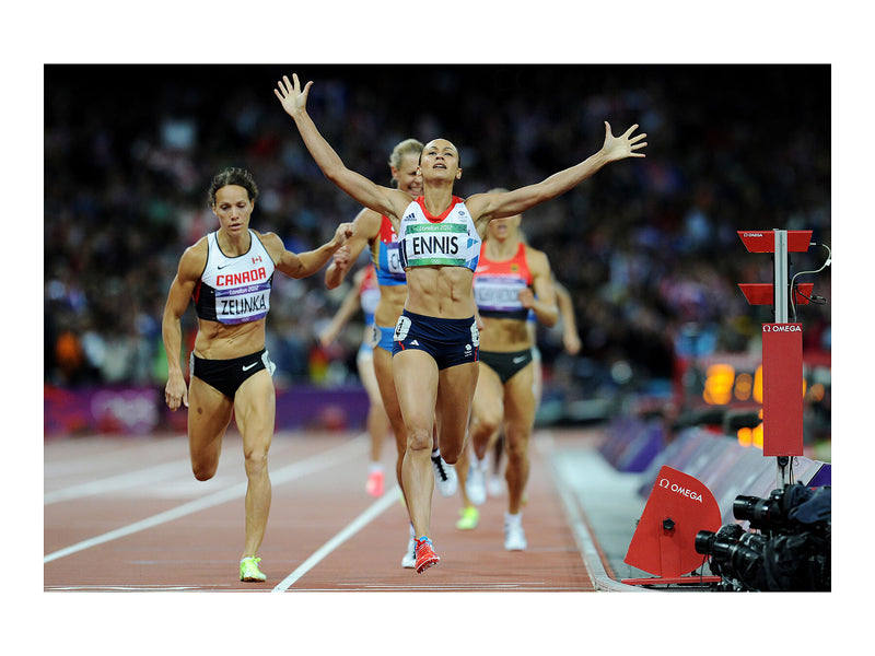 Jessica Ennis as she crosses the finishing line to win the women's heptathlon at the London 2012 Olympics - 4 August 2012
